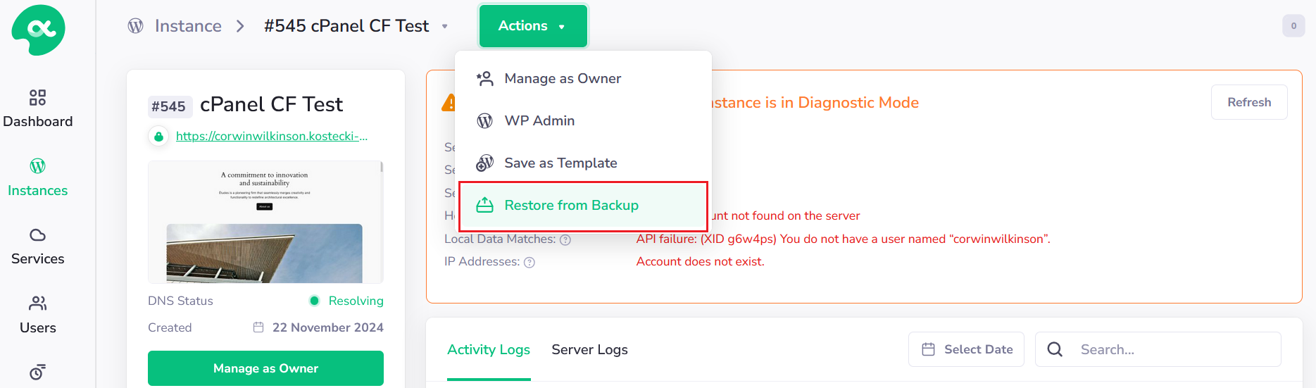 Diagnostic mode: restoring backups - PanelAlpha Documentation
